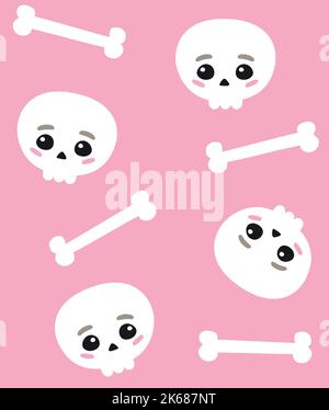 Vektor nahtloses Muster von flachen handgezeichneten Kawaii Schädel und Knochen isoliert auf rosa Hintergrund Stock Vektor