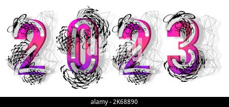 2023 Neujahr. Halbton-Texturzahlen. Gradient gepunktete Grunge-Zierfigur Stock Vektor