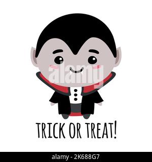 Vektor flach von Hand gezeichnet niedlichen Vampir und Trick or Treat Schriftzug isoliert auf weißem Hintergrund Stock Vektor