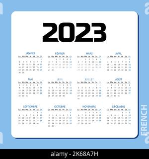 Taschenkalender auf 2023 Jahr, Französisch. Blauer horizontaler Kalender. Die Woche beginnt ab Montag. Vektorvorlage für Unternehmen. Stock Vektor