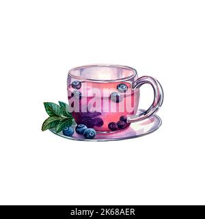 Heidelbeer-Tee in einer Glastasse. Blaue Beeren, frisches natürliches Gesundheitsprodukt. Aquarelldarstellung. Isoliert. Für Etiketten, Verpackungen, Banner. Für Texti Stockfoto