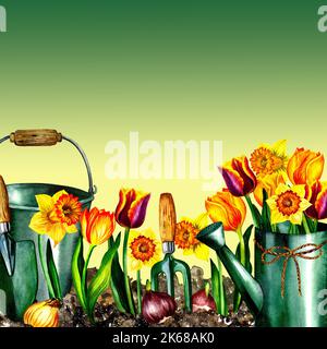 Gartenarbeit. Banner mit Gartenwerkzeugen und Frühlingsblumen. Aquarelldarstellung. Für Designlösungen. Design für Banner, Postkarten, Verpackungen und la Stockfoto