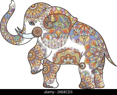 Elefant mit Mandala-Ornament. Asiatische zentangle Färbung Buch Tier Stock Vektor