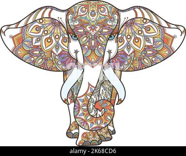 Elefant-Silhouette mit dekorativem Muster. Farbiger asiatischer Schmuck Stock Vektor