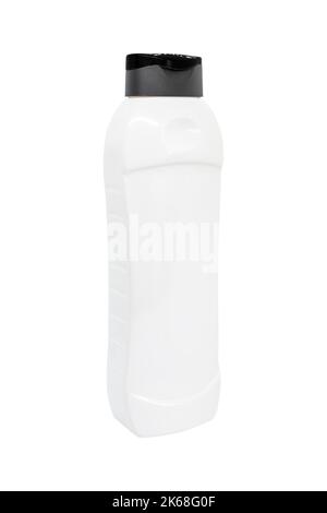 Weiße Plastikflasche für Mockup, flüssiger Behälter mit Deckel auf isoliertem weißem Hintergrund. Vorlage für Ihr Design. Stockfoto