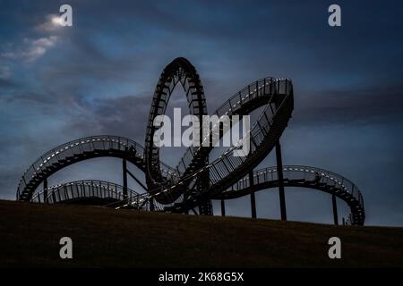 Tiger und Schildkröte, begehbare Achterbahnskulptur mit beleuchtetem Treppengeländer bei Nacht, Kunstinstallation und Wahrzeichen in Duisburg, Angerpark Germ Stockfoto