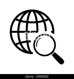 Globales Suchsymbol in flacher Form. Globus mit Lupensymbol auf weißem Hintergrund isoliert. Einfaches abstraktes Suchsymbol in Schwarz. Vektorgrafik Stock Vektor