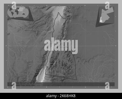 Aqaba, Provinz Jordanien. Höhenkarte in Graustufen mit Seen und Flüssen. Karten für zusätzliche Eckposition Stockfoto