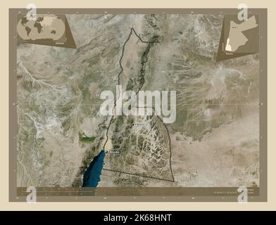 Aqaba, Provinz Jordanien. Hochauflösende Satellitenkarte. Orte und Namen der wichtigsten Städte der Region. Karten für zusätzliche Eckposition Stockfoto