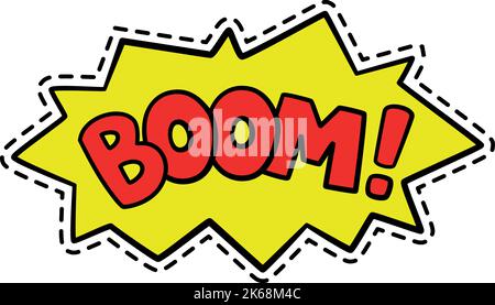 Boom-Botschaft im Comic-Explosionsstil. Witziger Aufkleber Stock Vektor