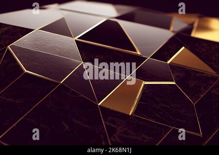 Geometrischer goldener Hintergrund mit Kohlefaser oder Sechsecken mit goldenem Wasser und farbigen Tinten. Dekoratives Bild für Veranstaltungen, Hochzeiten oder Eleganz Stockfoto