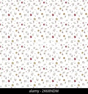 Niedliches, nahtloses Blumenmuster. Handgezeichneter Doodle-Stil, kindisch naives Kunstdesign. Zufällige dekorative Blumen, weißer Hintergrund. Vektor Stock Vektor