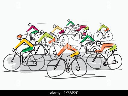 Radrennen, Linienkunst stilisierte Karikatur. Abbildung der Gruppe der Radfahrer auf der Straße. Fortlaufende Linienzeichnung. Vektor verfügbar. Stock Vektor