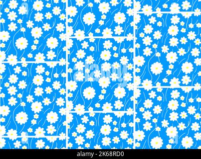 Nahtlose Vektor-Linie Kunstmuster aus weißen blühenden Blumen auf blau Stock Vektor