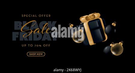 Black Friday Sale Banner mit Geschenkbox und Glaskugeln. Vektorgrafik im 3D realistischen Stil Stock Vektor
