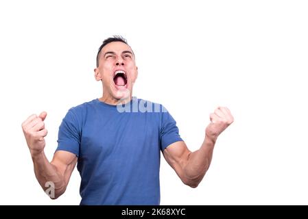 Mann schrie wütend, während er mit den Armen gestikulte Stockfoto
