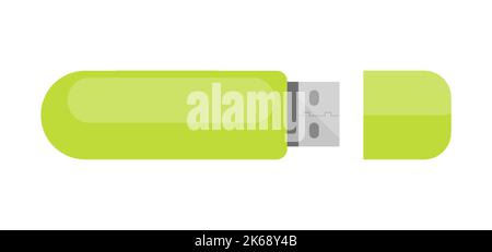 USB-Flash-Laufwerk tragbarer Minimalismus grün flach. Leere Symbol Vorlage mockup kleines Gerät Zubehör pc Laptop Speicher tragbare moderne Gadget Büro Arbeit Studie Flash-Disk Anzeigen Website Infografik isoliert Stock Vektor
