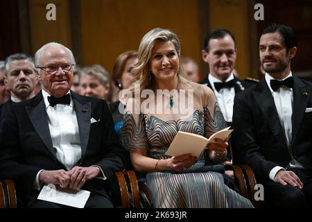 König Carl Gustaf von Schweden, Königin Máxima von den Niederlanden und Prinz Carl Philip in Stockholms Konzertsaal, wo der niederländische König und die Königin Hos sind Stockfoto