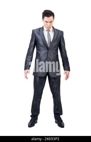 Ernsthafter Mann in elegantem Anzug. Weißer Hintergrund. Stockfoto