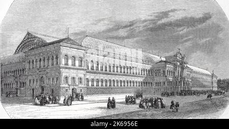 Digital verbesserte Reproduktion, Blick auf den Palast der Weltausstellung 1855, Champs Elysees, Paris, Frankreich, original woodprint Th 19. Stockfoto