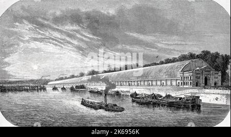 Digital verbesserte Reproduktion, mit Blick auf die Erweiterung des Palastes der Exposition 1855, am Ufer der Seine, Paris, Frankreich, original woodprint Th 19. Stockfoto