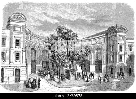 Digital verbesserte Reproduktion, Weltausstellung Paris 1855, Eingang in die Bildende Kunst Ausstellung in der Champs-elysee, Frankreich, original woodprint Th 19. Stockfoto