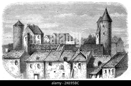 Digital verbesserte Reproduktion, Burgruine von Charolles im Département Saône-et-Loire in der Region Burgund - FRANCHE-COMTÉ, Frankreich, original woodprint Th 19. Stockfoto