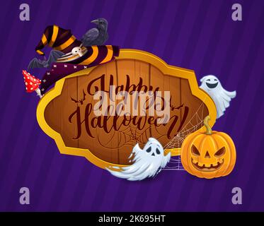 Halloween Banner mit Holzschild, Hexenhut und Kürbis. Cartoon Vektor Party Grußkarte mit Holzbrett, Fledermaus, schwarze Krähe, Kürbis Laterne, Spinnennetz, Hexenmütze, Amanita-Pilz und Geister Stock Vektor