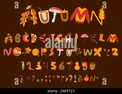 Cartoon Herbst Herbst Thanksgiving Schriftart, Typ oder Alphabet. Vektor abc Typografie mit Blättern, Pullover, Wurm, Regenschirm, Apfel und Pilz, akorn-, Sock- und Kürbisbuchstaben, Zahlen und Satzzeichen Stock Vektor