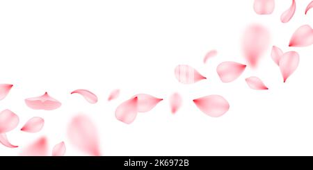 Fliegende Sakura-Blütenblätter, isoliertes Vektordesign für Hochzeitseinladung oder Valentinstag-Grußkarte. Realistische rosa Rosen- oder Kirschblütenblätter fließen, Sakura blüht, florale Blütenblätter Stock Vektor