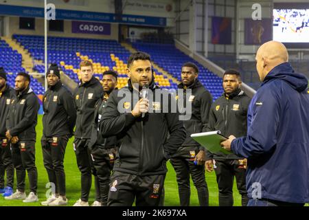 Warrington, Hes. Mittwoch, 12. Oktober 2022 - Warrington, cheshire, England - Warrington begrüßte das PNG International Rugby League Team formell in seiner Gemeinde und veranstaltete eine Begrüßungsveranstaltung im Halliwell Jones Stadium. Das Team ist hier, um an der Rugby-League-Weltmeisterschaft 2021 zu spielen, die durch die COVID-19-Pandemie verzögert wurde.Credit: John Hopkins/Alamy Live News Stockfoto