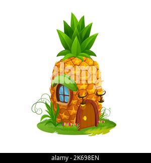 Ananas Obst Märchen Haus Gebäude oder Wohnung. Cartoon-Vektor-Fee Obst Haus, niedliche Elfe, Pixie, Zauberin oder Gnom Fantasy-Haus mit Holztür, Laternen, Fenster und grünen Blättern auf dem Dach Stock Vektor