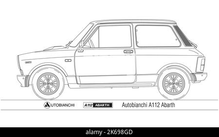 Autobianchi A112 Abarth, italienischer Oldtimer, Baujahr 1971, Vektorgrafik skizziert Stockfoto