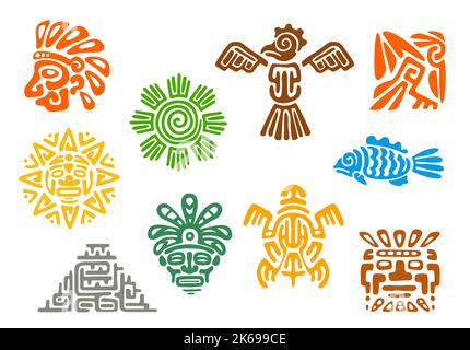 Maya Azteken Totems, mexikanische Stammes-Vektor-Symbole von heiligen Tieren und Vögeln. Maya oder Mexiko Inka Stamm Totem Zeichen der Sonne, Fisch, Schildkröte oder Pyramide und Gottheit Maske, ethnische Azteken Stammeszeichen Stock Vektor
