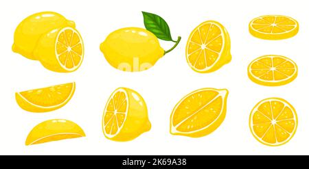 Cartoon Zitronenfrucht Scheiben, halb geschnitten und ganz mit Blatt, Vektor-Objekt. Tropical Citrus Lemon Fruit Food und Vitamin C in Scheiben für saftige Marmelade, Marmelade oder Zitronengeschmack Dessert-Design Stock Vektor
