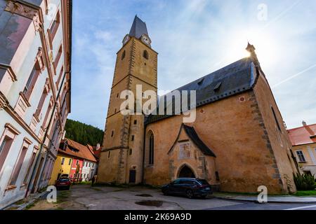 Kleine antike Stadt Rozmberk nad Vltavou, Tschechische Republik. Stockfoto