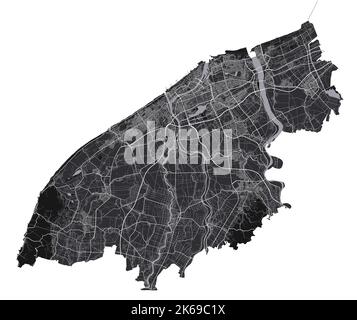 Niigata-Karte. Detaillierte Vektorkarte des Verwaltungsgebiets der Stadt Niigata. Blick auf das Stadtbild mit Postern und die Arie der Metropole. Schwarzes Land mit weißen Straßen und Alleen Stock Vektor