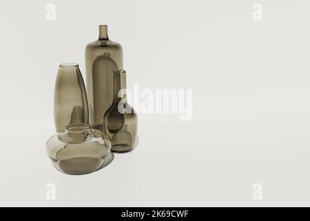 Verschiedene getönte Glasvasen Dekor auf weißem Hintergrund 3D Render. Stockfoto