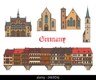 Deutschland Architektur Gebäude von Erfurt in Thüringen, Vektor Reise Wahrzeichen. Deutsche Stadtbauten St. Michael Michaelskirche, Allerheiligenkirche und Kramerbrücke Stock Vektor