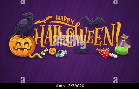 Cartoon halloween Banner, Cartoon Vektor Grußkarte mit Fledermaus, schwarzer Rabe sitzt auf Kürbis Laterne, Tränke Flasche, Feder, Amanita Pilz, Trick or Treat Süßigkeiten. Happy Halloween Feiertagsdesign Stock Vektor