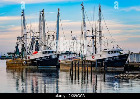 Garnelenboote werden am 4. Oktober 2022 am Pascagoula River in Pascagoula, Mississippi, angedockt. Pascagoula ist als bedeutendes Schiffbauzentrum bekannt. Stockfoto