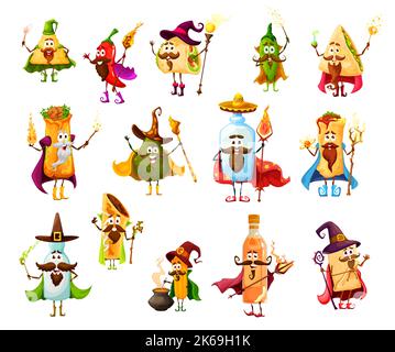 Cartoon Mexican Tex Mex Food Magier Zauberer, Hexe und Zauberer, Vektor-Charaktere. Kids personages Burrito Zauberer, Taco Zauberer, Avocado Zauberer mit Zauberstab, chil, jalapeno, quesadilla und churros Stock Vektor