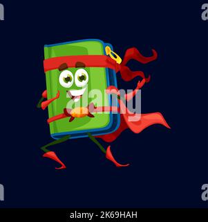 Cartoon Schule Bleistift Fall Superhelden Charakter. Vektorbox für Stifte, Lineale und Lernwerkzeuge. Isolierter lächelnder Superheld trägt roten Umhang und Maske. Fröhliche Comic-Persönlichkeit für den ersten septembertag Stock Vektor