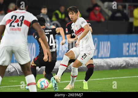 Stuttgart, Deutschland. 09. Oktober 2022. Hiroki ITO (VFB Stuttgart), Action, Duelle. Fußball 1. Bundesliga-Saison 2022/2023, Spieltag 9., matchday09, VFB Stuttgart-1. Union Berlin 0-1, am 9.. Oktober 2022, Mercedes Benz Arena Stuttgart ? Kredit: dpa/Alamy Live Nachrichten Stockfoto