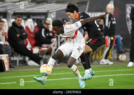 Stuttgart, Deutschland. 09. Oktober 2022. Naouirou AHAMADA (VFB Stuttgart), Action, Duelle gegen Genki HARAGUCHI (Union Berlin) Fußball 1. Bundesliga-Saison 2022/2023, Spieltag 9., matchday09, VFB Stuttgart-1. Union Berlin 0-1, am 9.. Oktober 2022, Mercedes Benz Arena Stuttgart? Kredit: dpa/Alamy Live Nachrichten Stockfoto