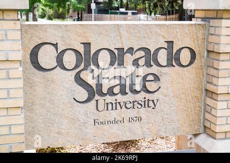 Fort Collins, CO - 16. Juli 2022: Eintrittsschild zur Colorado State University in Fort Collins, Colorado Stockfoto