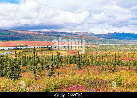 Tundra und Berge entlang des Flusses der Unterwelt auf dem Denali Highway in Alaska Stockfoto