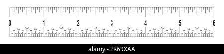 6-Zoll-Linealskala mit Brüchen. Mathematisches oder geometrisches Werkzeug zur Messung von Distanz, Höhe oder Länge mit Markierungen und Zahlen auf weißem Hintergrund. Vektordarstellung Stock Vektor