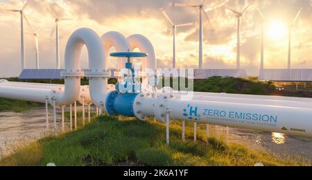 Eine Wasserstoffpipeline mit Windturbinen und Solarpanel-Kraftwerken im Hintergrund. Transformation des Energiesektors in Richtung Ökologie Null emi Stockfoto