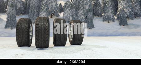 Winterreifen im Schnee als Panorama Car Safety Konzept Stockfoto